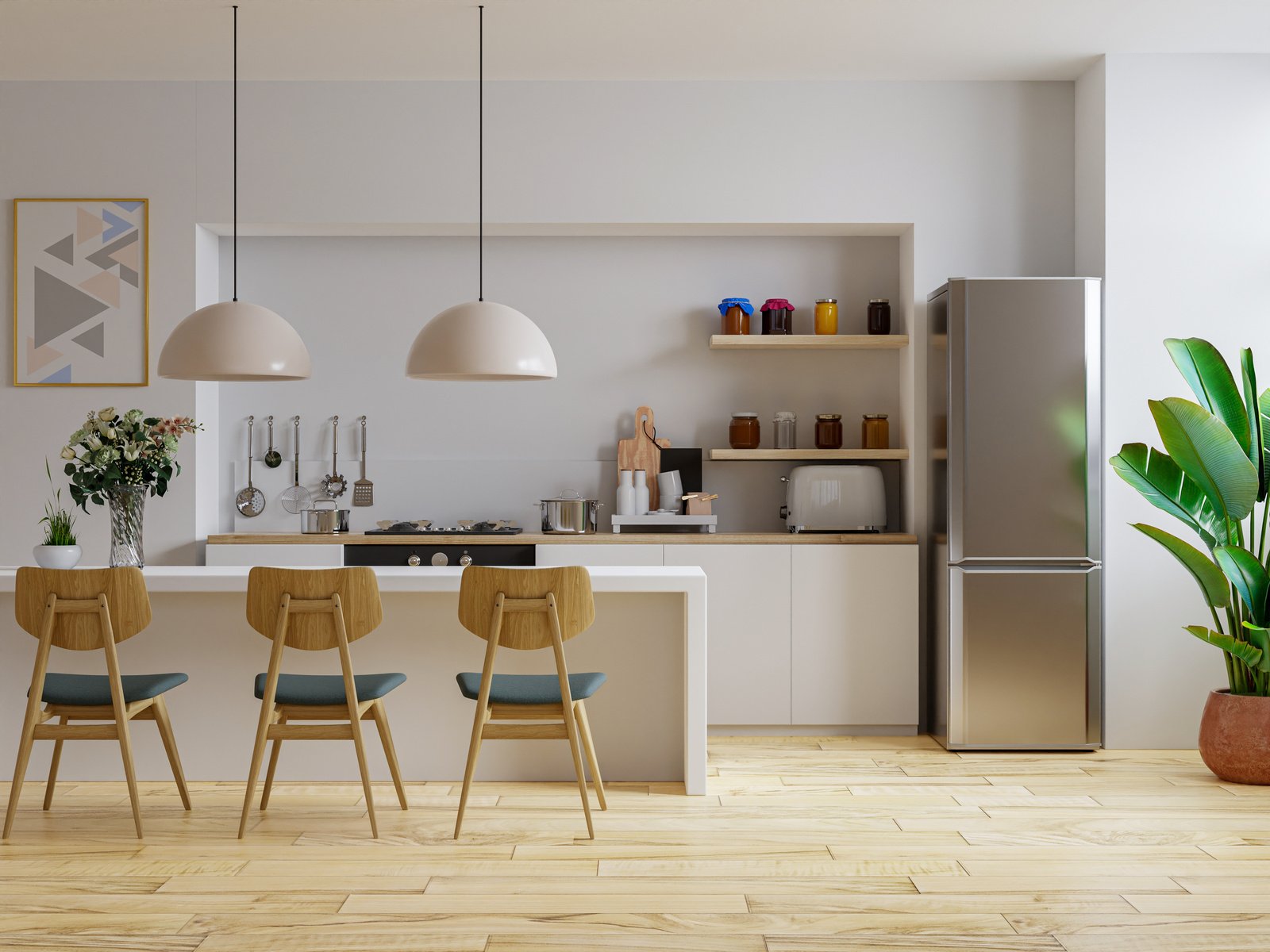 Interior of Modern Comfortable Kitchen with Wooden and White Details.